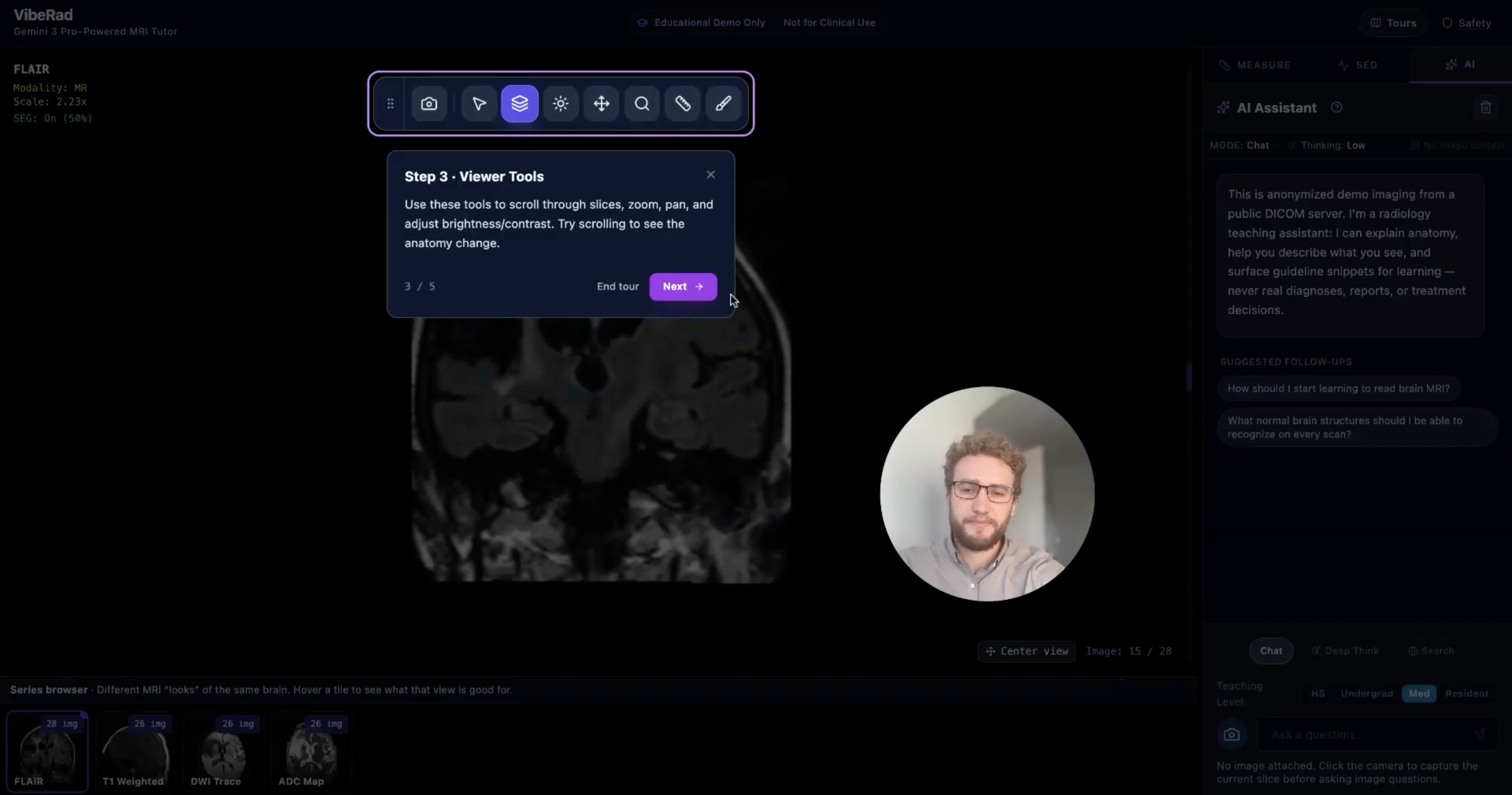 VibeRad toolbar with an interactive guided tour overlay